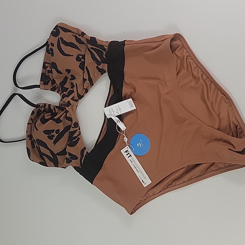 Cupshe Cutout High Waisted One Piece Swimsuit Brown Black Women's Large